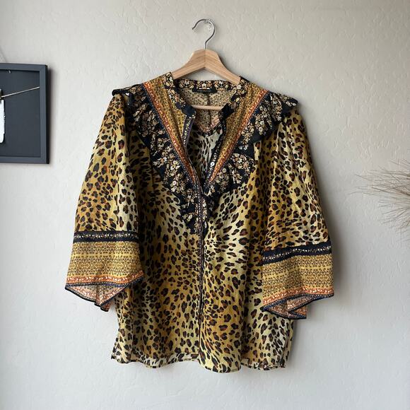 Kobi Halperin Top‎ Leopard Print Ruffle Trim Silk Cotton Gold Blouse Size L - Picture 2 of 9
